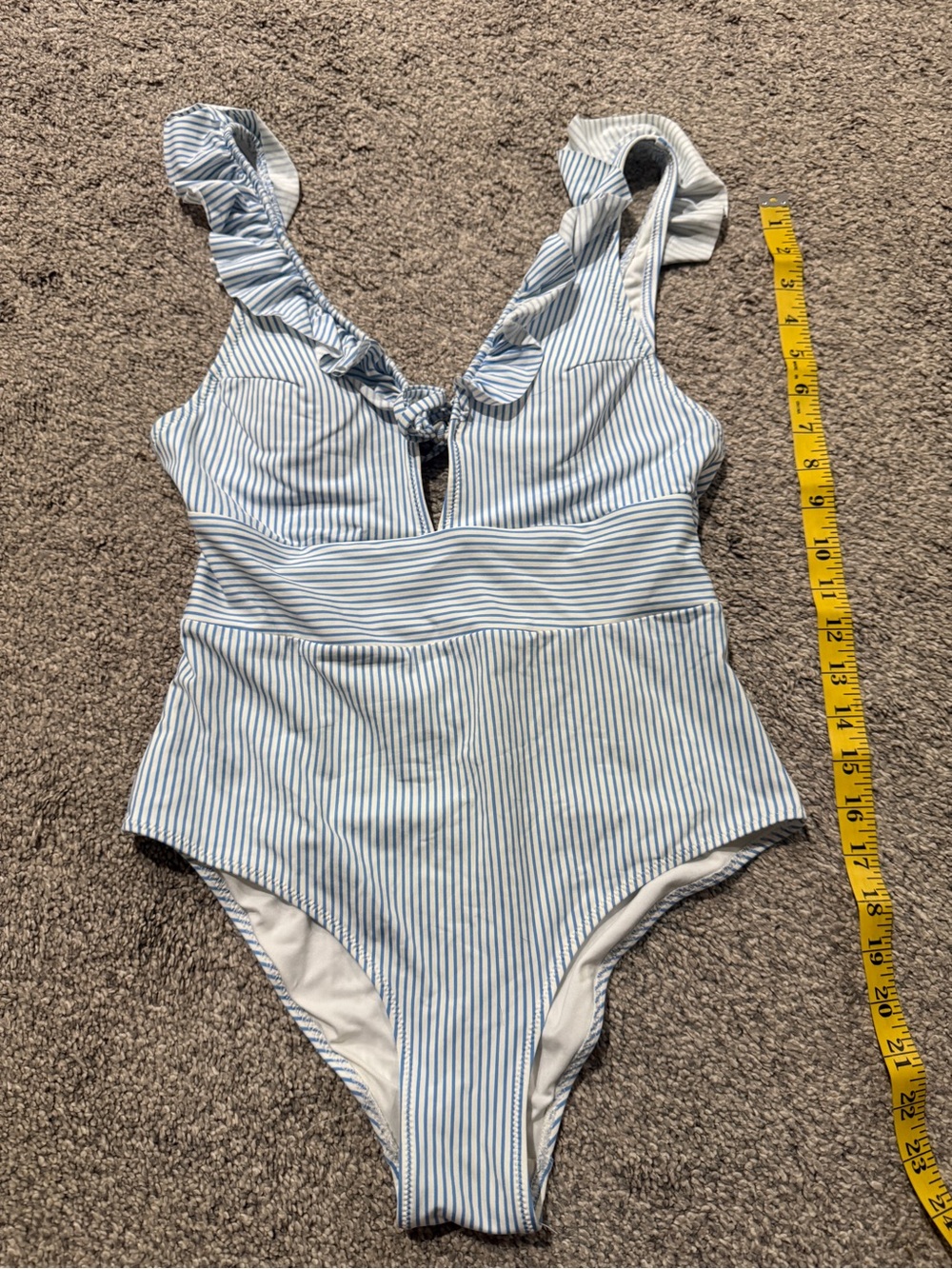 H&M Blue and White Striped Ruffle-Shoulder One-Piece Swimsuit